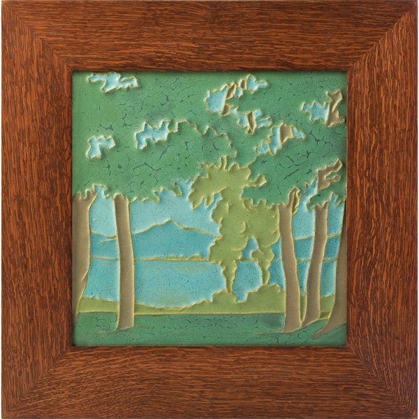 Rookwood Faience tile, landscape: Good Rookwood Faience tile, big tile with a finely executed landscape design, impressed mark, held in an Arts and Crafts oak frame, tile: 12"sq, overall: 18"sq
