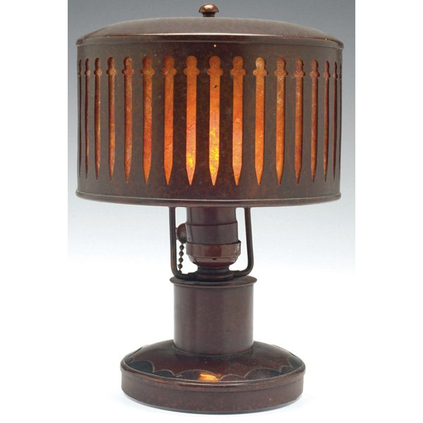 Heintz lamp, sterling on bronze, geometric design: Unusual Heintz lamp, sterling on bronze, applied geometric design, rare cut-out shade backed by mica, original patina, unmarked, 7"w x 9.5"h