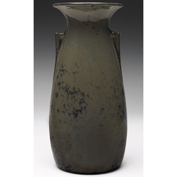 Teco vase, designed by W.D. Gates, #429: Teco vase, designed by W.D. Gates, #429, double buttress shape under a possibly experimental gray, brown and blue high glaze, unmarked, 4"w x 9"h