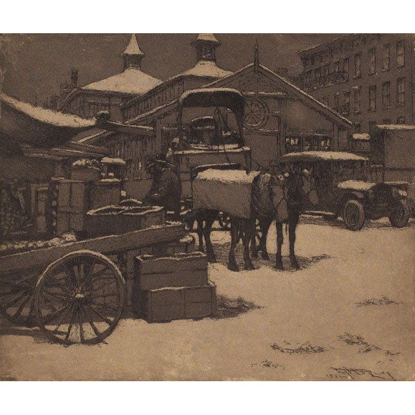 E.T. Hurley etching, market scene: E.T. Hurley etching, market scene possibly Findlay market, 1921/1922, 9" x 11", unframed, excellent condition