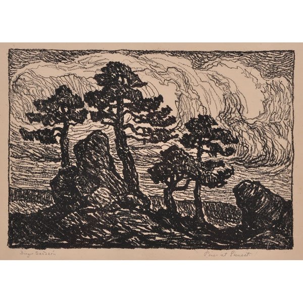 Birger Sandzen, Pines at Sunset woodcut : Birger Sandzen (American, 1871-1954) "Pines at Sunset," c. 1930, woodcut, 7" x 10", pencil signed, unframed