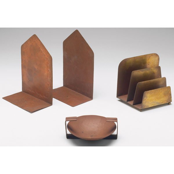 Arts & Crafts bookends, w/G.W. Ferguson ashtray: Arts and Crafts bookends, hand hammered copper with flowers and leaves, unmarked, 6"w x 8.75"h; with a G.W. Ferguson ashtray, hammered copper, marked, 5.5"w; with a Bradley & Hubbard letter rack, bron