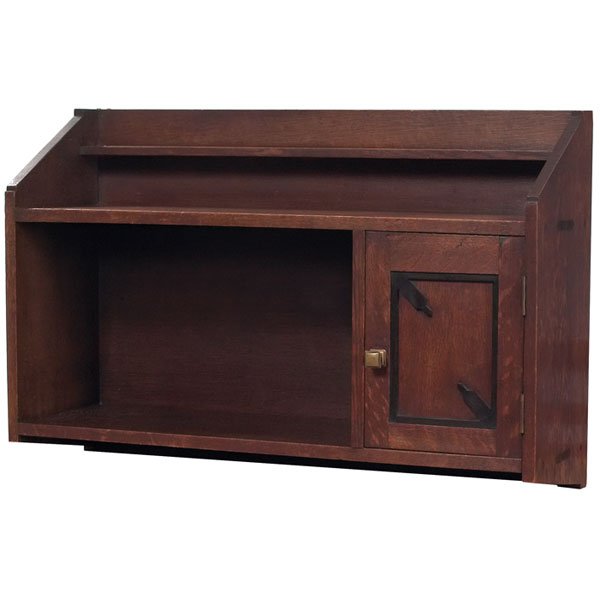 Arts & Crafts wall cabinet, single door : Arts and Crafts wall cabinet, single door with overlaid ebony detail and open cabinet at side, inlaid ebony details at sides, original finish, 28.5"w x 8.5"d x 18"h, very good condition