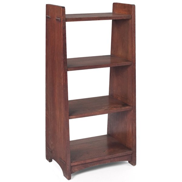 L & JG Stickley magazine stand, #47, four shelves : L and JG Stickley magazine stand, #47, four shelves with slab sides supported by thru-tenon construction, refinished, seam separation, signed with metal tag, 20"w x 15"d x 42"h, very good condition