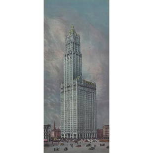 Arts & Crafts lithograph, Woolworth Building: Arts and Crafts period lithograph, "Woolworth Building, New York," Cass Gilbert Architect, copyright F.W. Woolworth, 15.75" x 6.75", framed