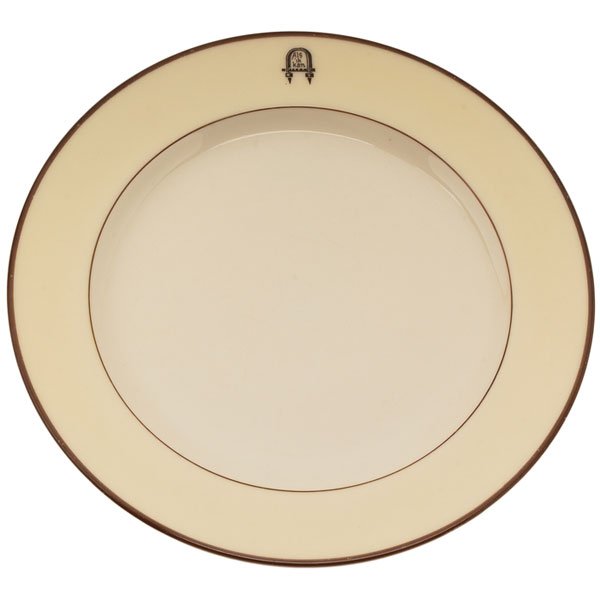 Gustav Stickley plate, by Lenox : Gustav Stickley plate, by Lenox, ivory colored porcelain with a brown rim and accent, painted logo, marked, 9"dia