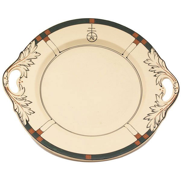 Roycroft/ Buffalo Pottery platter, handled form: Roycroft/Buffalo Pottery platter, handled form with a red and green geometric pattern and orb logo, marked, 11.5"w