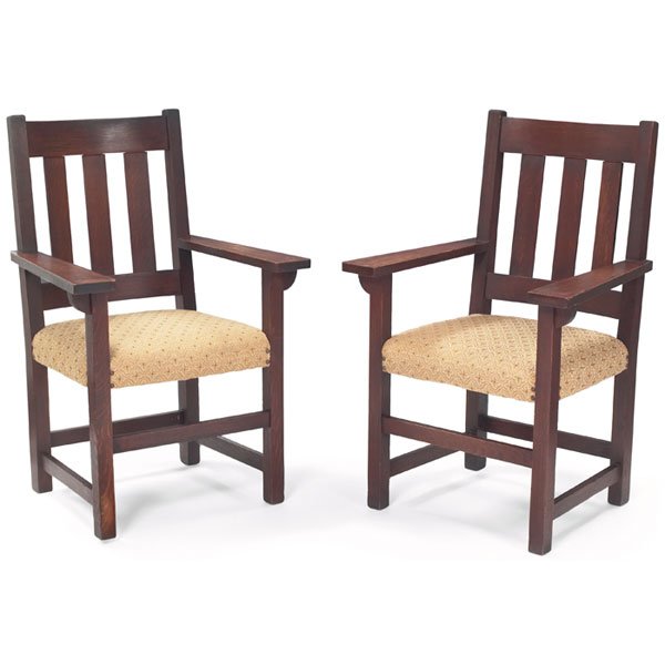 Limbert armchairs, #615, pair : Early Limbert armchairs, #615, pair, three vertical slats at back over recovered seats, original finish, one signed with paper label, 27"w x 25.5"d x 41"h, very good condition