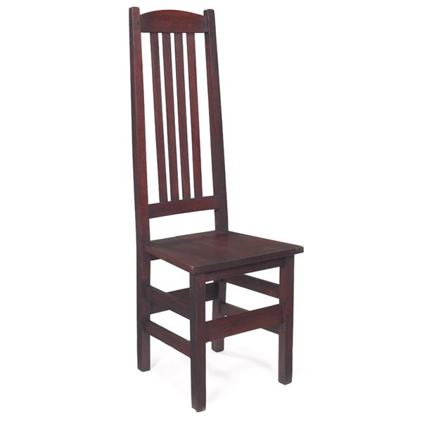 Arts & Crafts hall chair, tall-back form : Arts and Crafts hall chair, tall-back form with four vertical slats over a slab seat, repair to seat, refinished, 16.5"w x 15"d x 46.5"h, very good condition