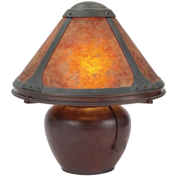 Dirk Van Erp boudoir lamp, mica shade: Good Dirk Van Erp boudoir lamp, mica shade on a hammered copper base, signed with open box mark, original patina and mica, 11"dia x 12"h, very good condition