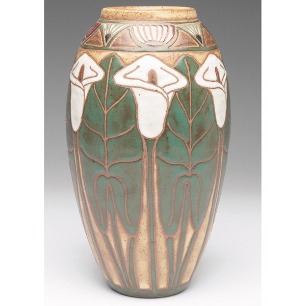 Common Ground Pottery vase, calla lilies: Common Ground Pottery vase, contemporary, calla lilies against a mottled tan and brown background, signed by Eric Olson, marked, 5.5"w x 9.5"h