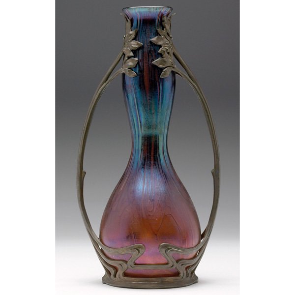 Loetz vase, attribution, double gourd shape : Loetz vase, attribution, double gourd shape with an iridescent decoration, applied bronzed metal with two handles and sculpted leaf designs, unmarked, 6.5"w x 12.5"h