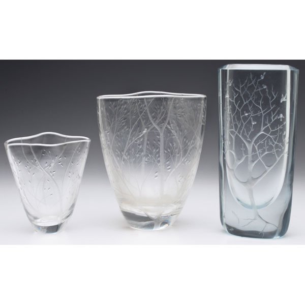 Kosta vase, w/Kosta vase, ovoid form w/Stromberg : Kosta vase, tapered form with pinched rim in clear glass with acid etched trees and birds, designed by Vicke Lindstrand, incised signature, 4.25"h; with a Kosta vase, ovoid form with pinched rim in cl