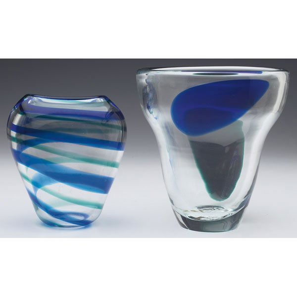 Leerdam vase, w/Flygsfors vase, tapered form: Leerdam vase, flattened and tapered form in clear glass with horizontal green and blue stripes, signed, 4.5"h; with a Flygsfors vase, tapered form in clear glass with blue and green patches, incised s