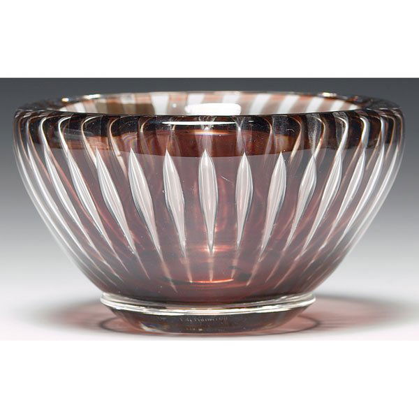 Orrefors Ariel bowl, thick glass: Good Orrefors Ariel bowl, thick glass with radiating burgundy and clear stripes, executed by Edvin Ohrstrom, No. 62F, marked, 5"w x 3"h