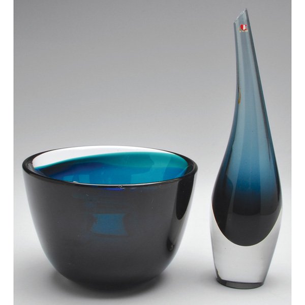Leerdam Unica bowl, cylindrical form: Leerdam Unica bowl, cylindrical form in heavy blue-green and clear glass, designed by D. Copier, incised signature, 6.5"dia x 4.5"h; Tapio Wirkkala bud vase, tapered angled form in blue tinted glass w