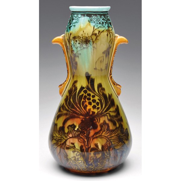 Minton vase, double gourd shape: Minton vase, double gourd shape with two applied buttresses, painted stylized floral designs in black on a turquoise, green, yellow and brown background, marked, #3323, 5.5"w x 11"h
