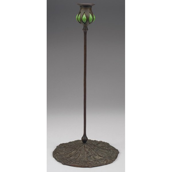 Tiffany Studios candlestick, Queen Anne's Lace : Good Tiffany Studios candlestick, bronze in the Queen Anne's Lace pattern, blown green glass at top, original patina, marked S1159, 8.5"w x 18"h