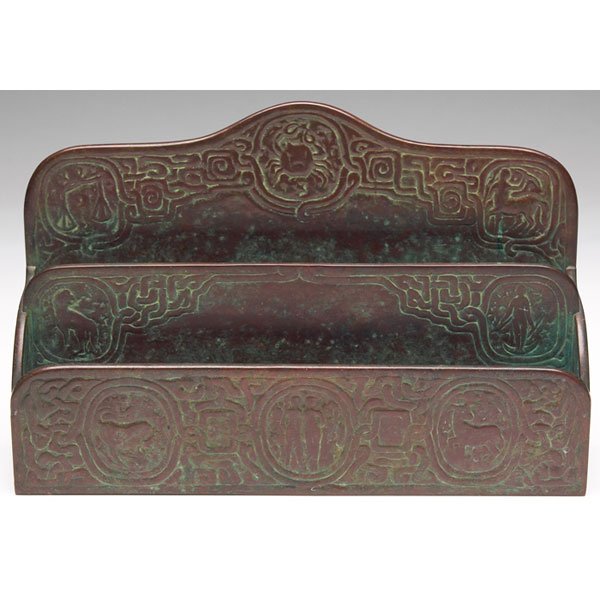 Tiffany Studios letter rack, bronze in the Zodiac : Tiffany Studios letter rack, bronze in the Zodiac pattern, original patina, signed Tiffany Studios, New York, #418, 9.5"w x 6.25"h
