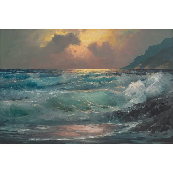 Alexander A. Dzigurski, Coastal Sunset, oil: Alexander A. Dzigurski (American, 1911-1995) "Coastal Sunset," c. 1945, oil on canvas, 24.5" x 36", signed lower right, framed