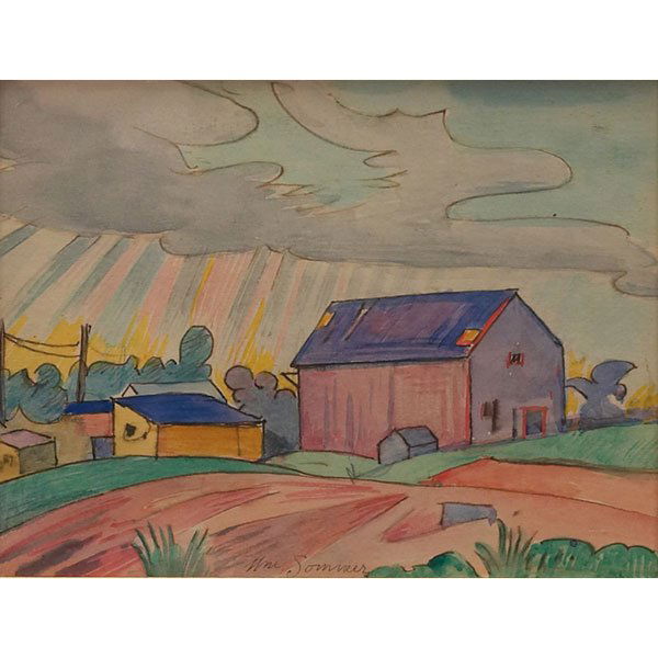 William Sommer, Farm Scene, watercolor: William Sommer (American, 1867-1949) "Farm Scene," c. 1920, watercolor, 5" x 6.5", signed lower center, framed