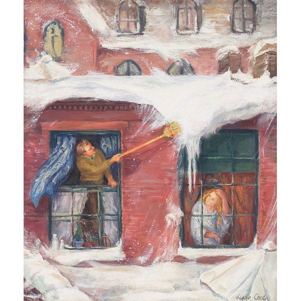 Lydia Cooley, Sweeping the Eaves, oil: Lydia Cooley (American, 1906-1996) "Sweeping the Eaves," c. 1935, oil on board, 16" x 14", signed lower right, from the estate of Don Freeman, framed