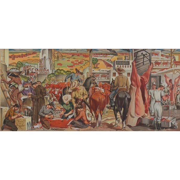 Jose Aceves, c. 1940, gouache: Jose Aceves (American, 1909-1968) "La Nueva Industria de la Ganadería en el Estado de Chihuahua (Mural for the Banco Commercial de Chihuahua)," c. 1940, gouache and oil on canvas board, 10.5" x 22.75