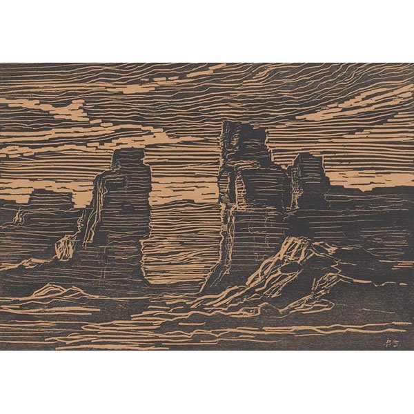 Sven Birger Sandzen, The Desert Gateway, woodcut: Sven Birger Sandzen (American, 1871-1954) "The Desert Gateway," 1916, woodcut, 7" x 10", pencil signed and titled, framed