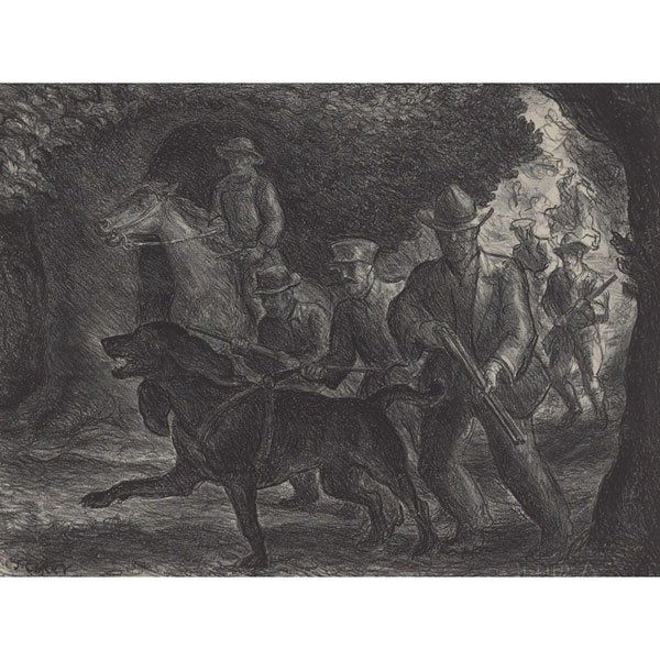 John Steuart Curry, Manhunt, lithograph: John Steuart Curry (American, 1897-1946) "Manhunt," 1934, lithograph, 9.75" x 12.75", pencil signed, dated, titled and numbered, unframed