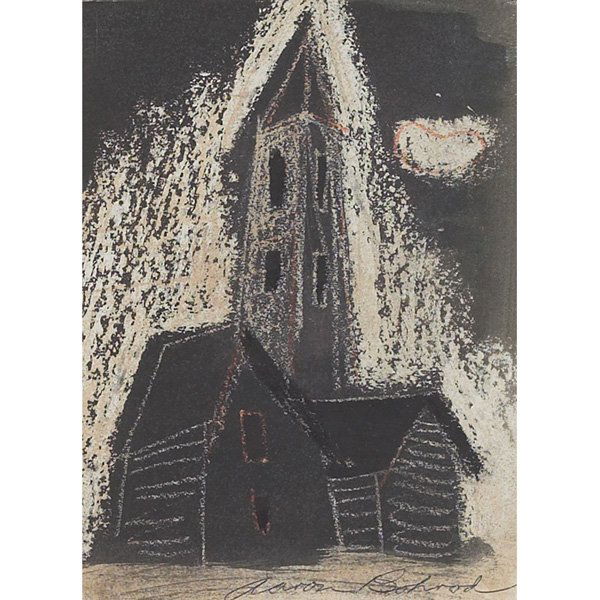 Aaron Bohrod , The Black Tower, wax and ink: Aaron Bohrod (American, 1907-1992) "The Black Tower," c. 1955, wax and ink drawing, 7.5" x 5.5", signed lower right, framed