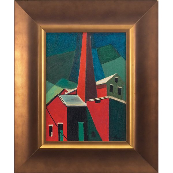 Rosalind Abramson, Abstracted Buildings, oil: Rosalind Abramson (American, b. 1901) "Abstracted Buildings," c. 1950, oil on canvas board, 12" x 9", signed lower right, framed