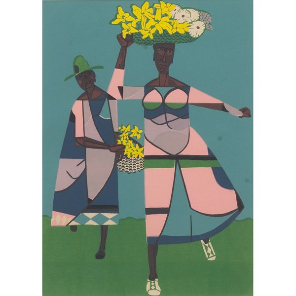 Robert Gwathmey, Flower Vendor, silkscreen: Robert Gwathmey (American, 1903-1988) "Flower Vendor," c. 1940, silkscreen, 16.5" x 12", proof before signature, framed