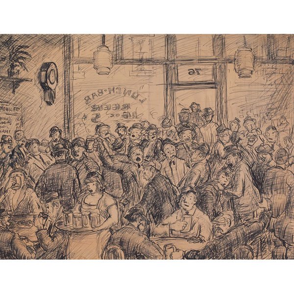 Clyde J. Singer, Philadelphia Saloon, pen and ink : Clyde J. Singer (American, 1908-1999) "Philadelphia Saloon," 1934, pen and ink drawing, 10.25" x 13.25", signed, titled and dated, unframed