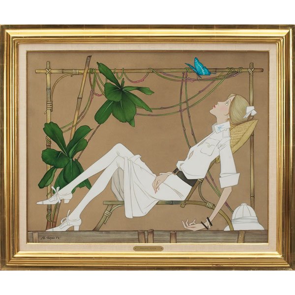 Philippe Henri Noyer, Le Papillon Bleu, oil: Philippe Henri Noyer (French, 1917-1985) "Le Papillon Bleu," 1982, oil on canvas, 28.75" x 36.5", signed and dated lower left, titled on verso, framed