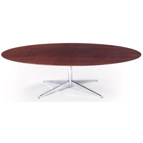 Florence Knoll dining table, by Knoll: Large Florence Knoll dining table, by Knoll, oval rosewood top with beveled edge over a chromed steel pedestal base, original finish, Knoll International label, 96"w x 54"d x 28"h, excellent condition