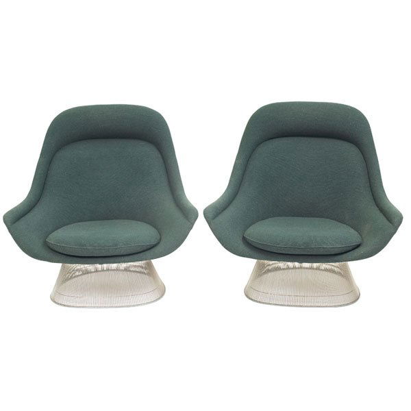 Warren Platner high-back lounge chairs, pair: Warren Platner high-back lounge chairs, pair, by Knoll, wire bases with original dark green wool upholstery, each with Knoll International label and Enron Corporation label, 42"w x 33"d x 40"h, foam i