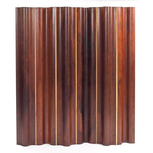 Prototype Charles and Ray Eames FSW-6 screen: Prototype Charles and Ray Eames FSW-6 screen, rosewood, by Evans Products, 1940s, six molded rosewood panels connected by original canvas webbing, original finish, each panel 9.5"w, height is 68", min