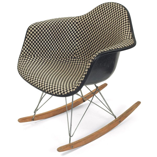 Charles and Ray Eames RAR: Charles and Ray Eames RAR (rocking chair), by Herman Miller, 1960s, molded elephant grey fiberglass shell with original Alexander Girard Checkerboard fabric upholstery to interior, zinc struts and bir
