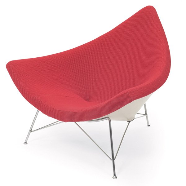 George Nelson Coconut chair: George Nelson Coconut chair, by Herman Miller, 1960s, white steel shell on a polished chromed steel base with welded joints, reupholstered with red Knoll "Cato" wool fabric, unsigned, 41"w x 33"d x 31