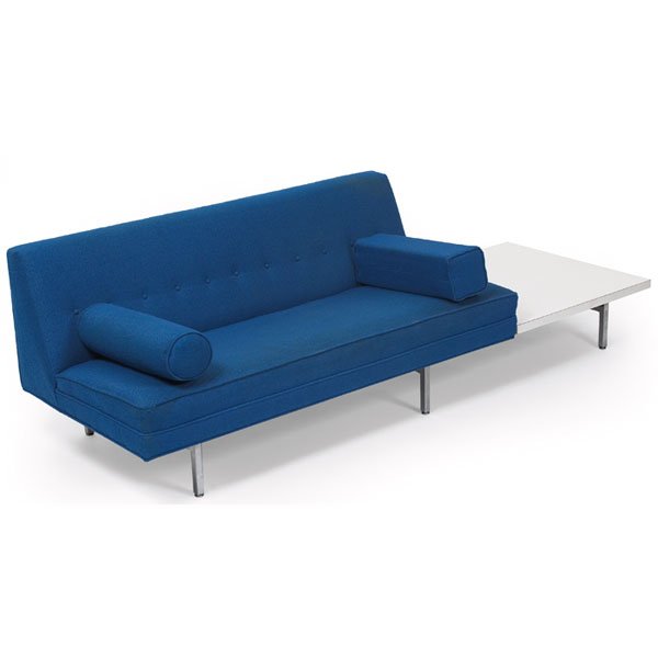 George Nelson Modular Seating love seat: George Nelson Modular Seating love seat with table, by Herman Miller, armless form with wedge-shaped back, tufted buttons, welted trim, original round and square loose cushions, table top with white l