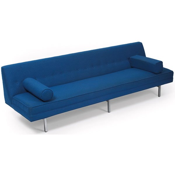George Nelson Modular Seating sofa: George Nelson Modular Seating sofa, by Herman Miller, armless form with wedge-shaped back, tufted buttons, welted trim, original round and square loose cushions, chrome legs, 90"w x 30.5"d x 27"h, ver