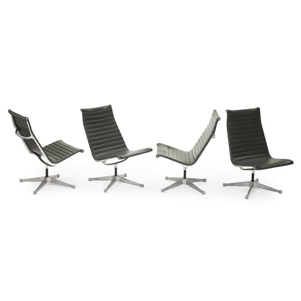 Eames Aluminum Group lounge chairs, four: Charles and Ray Eames Aluminum Group lounge chairs, four, polished aluminum frames over four-point swiveling bases with original dark olive green vinyl sling seats, Herman Miller marks stamped on fram