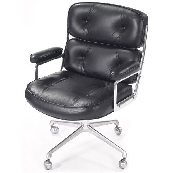 Charles and Ray Eames Time-Life chair: Charles and Ray Eames Time-Life chair, by Herman Miller, 1960s, original tufted black leather seats, backs and padded armrests in polished aluminum frame over four-point tilt/swivel base, round metal