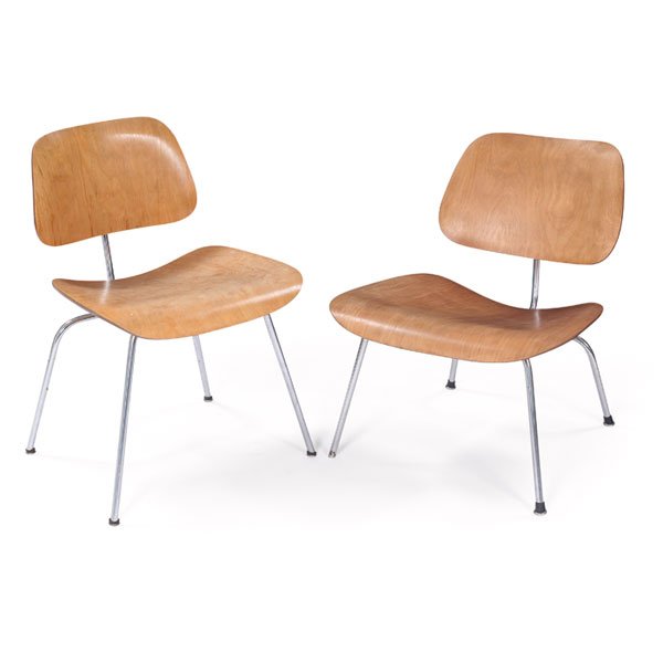 Charles and Ray Eames chairs, two, DCM and LCM: Charles and Ray Eames chairs, two, DCM and LCM, by Herman Miller, 1951, birch plywood, original finish, metal legs, one with screw-on feet and one with boot glides, foil label to LCM, one foot missing