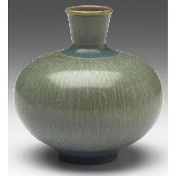 Gustavsberg vase, designed by Berndt Friberg: Gustavsberg vase, designed by Berndt Friberg, miniature shape covered in a green and brown matt glaze, signed, original paper label, 2.25"w x 2.25"h
