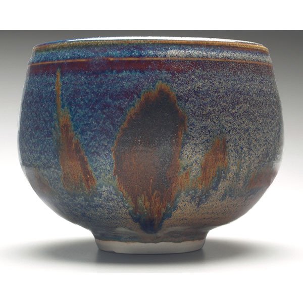 Vivika and Otto Heino vase, broad shape: Vivika and Otto Heino vase, broad shape covered in a mottled blue, purple and brown glaze with crystalline highlights, signed, 5.5"w x 4.5"h