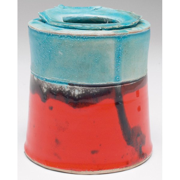 William Wyman vase, turquoise: William Wyman vase, unusual shape covered in turquoise and red glazes, signed, 1969, 4"w x 4.5"h