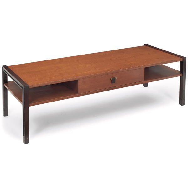 Edward Wormley coffee table, by Dunbar: Edward Wormley coffee table, by Dunbar, light and dark mahogany, one drawer with original rosewood handle, signed with brass D tag, original finish, 56"w x 19.75"d x 17"h, very good condition