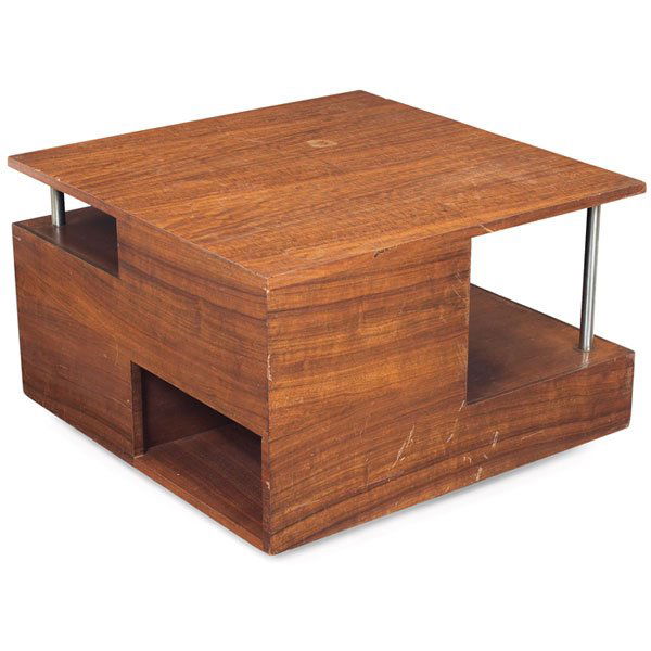 Gilbert Rohde coffee table, by Herman Miller, 1940: Gilbert Rohde coffee table, by Herman Miller, 1940s, cube form in East India Laurel wood with three open storage areas and brushed metal supports, signed with foil label and stenciled number, original