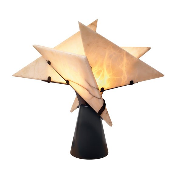 Pierre Chareau "Religieuse" table lamp, 1990s: Pierre Chareau "Religieuse" table lamp, 1990s production of the 1920s design, produced by MCDE, four triangular alabaster plates mounted in a metal frame around a conical mahogany base, 20.5"w x 13"d